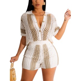 KANSOON Summer Two Piece Outfit Women Crochet Short Set Knit Button-Down Shirt and Shorts Tracksuits Khaki L