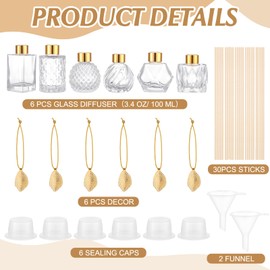 6 pcs Empty Diffuser Bottle and Sticks Reed Diffuser Set with Metallic Leaves 30 Reed Diffuser Sticks 2 Funnels Refillable 3.4 oz Fragrance Glass Diffuser Bottles for Essential Oil DIY Home Office,