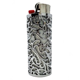 Metal Lighter Case Compatible BIC Standard J6 - Durable Lighter Cover and Holder Pouch for BIC Lighters, Flowing Curves Ornate Design in Silver or Black