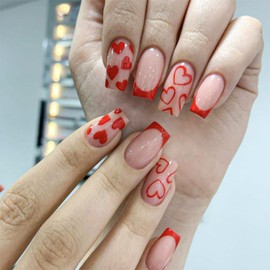 Red French Tip Press on Nails Short Fake Nails with Designs Glossy Valentines Glue on Nails Square Static Nails Hollow out Heart False Nails Red Nails Press on Acrylic Nails Stick on Nails for Women