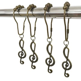 Decorative Music Shower Curtain Hooks for Bathroom, Rustproof Metal Bronze Curtain Rings Set of 12 with Music Symbols Treble Clef Music Party Vintage Theme Decor Bathroom Shower Curtain Rods (Bronze)