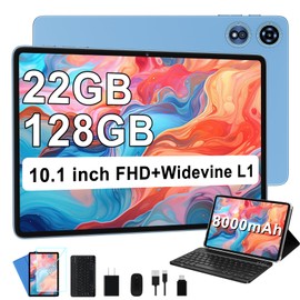 UJJ Android Tablet 10 Inch 22GB RAM 128GB ROM 1TB, Android 14 Tablet with Keyboard Mouse, Octa-Core, 8000mAh Battery, HD IPS Display, 5G WiFi, BT 5.0, GPS, Widevine L1, Split Screen - Metal Blue
