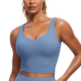 CRZ YOGA Butterluxe Womens V Neck Longline Sports Bra - U Back Padded Crop Workout Tank Tops with Built in Pads Oasis Blue Small
