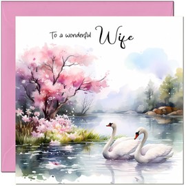 Special Wife Birthday Card for Women Female Ladies Elegant Watercolour Swans Birthday Cards for Wife Her