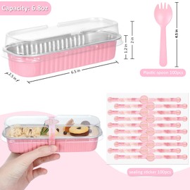 EgticHome Mini Loaf Pans with Lids and Spoons (100 Pack, Pink, 6.8oz) Rectangular Aluminum Foil Baking Pans