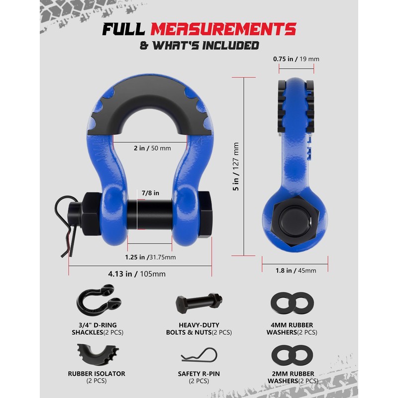 AMBULL Shackles 3/4 Inch D Ring Shackle (2 Pack) 41,887lb