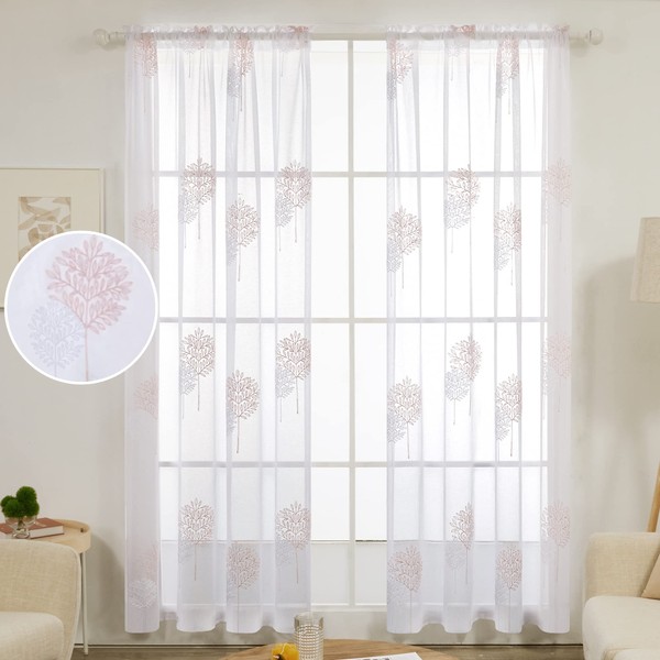 Deconovo Leaves Embroidery Sheer Curtains Faux Linen Rod Pocket Voile Net Curtains for Bedroom 55 x 90 Inch(Width x Length) 2 Panels Pink/White 2 Panels