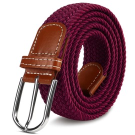 LUOFMISS Multicolored Woven Stretch Belt for Men and Women, Braided Elastic Golf Belts Jeans Casual Pants Sport Belt, Burgundy, for Waist Size 38"-42"
