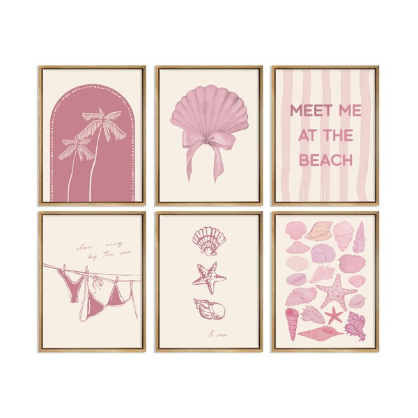 6Pcs Pink Beach Wall art Preppy Coastal Canvas Posters Bikini