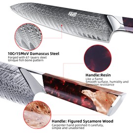 FINDKING Nebula Series Chef Knife with ABS Sheath, Multipurpose Japanese Gyuto Knife, 10Cr15CoMov Damascus Steel Blade, Resin and Figured Sycamore wood Handle, Full Tang, 8 Inch, Red, for Meat