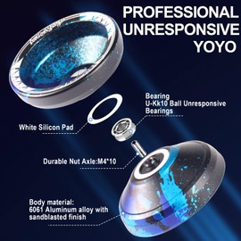 JOLESHARE Unresponsive Yoyo LT-01 for Pros and Responsive Yoyos for Kids Beginners - Replaceable Responsive Bearings, Gloves, User Instructions and 5 yoyo Strings (Blue Black)