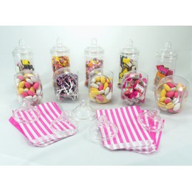 Britten & James Sweet Shop Party Pack of 10 clear plastic jars with Victorian Style screw top lids and 100 FREE bags. Ideal for wedding tables, parties, birthdays, anniversaries, Christmas