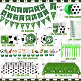 172 Pcs Soccer Party Plates Tableware Set Serves 24 Soccer Party Decorations Supplies Includes Plates Napkins Banner Cups Tablecloth for Soccer Birthday Party Decorations