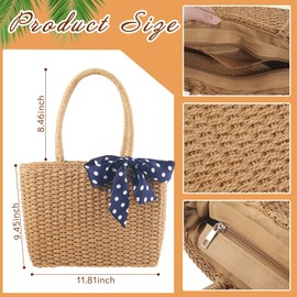 Abbylike Woven Straw Bag for Women with Straw Clutch Purse 2 Pair Rattan Earring Boho Zipper Handbag with Polka Dot Bowknot for Summer Travel Vacation