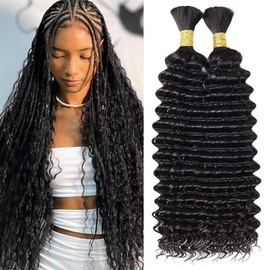 Human Braiding Hair for Boho Braids 100g 18 Inch Natural Black Curly Boho Hair for Braiding Knotless 12A Deep Wave Bulk Bohemian 2 Bundles/Pack Color 1B