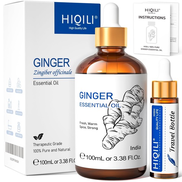 HIQILI Pure Ginger Essential Oil for Lymphatic Drainage Massage, Swelling Pain, Skin, Hair, Diffuser,Large Bottle with Dropper & Gift Box-100ml