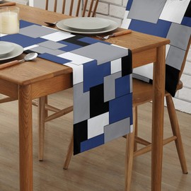Color Block Table Runner 13x70inch Long, Anti-Slip Cotton Linen Table Runenrs, Rectangle Tabletop Decoration for Kitchen Holiday Party Home Decor Abstract Geometric Navy Blue Black Gray Patchwork