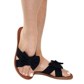 Tiara Slip On Sandal Slide Flat with Knot Bow, Black, 7