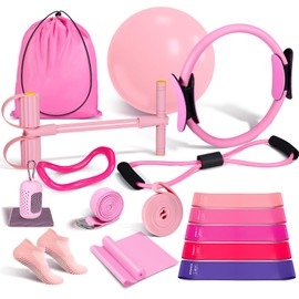 Pilates Essentials Kit for Women 15 Pcs Pilates Equipment for Home Workouts with Yoga Circle Ball Ring, 5 Resistance Bands,Pedal Puller Resistance Band,Anti Slip Socks for Starter Set Accessories