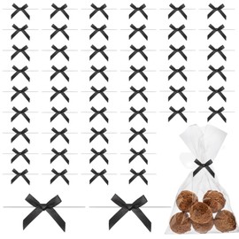 loghohu 50Pcs Twist Tie Bows for Treat Bags Twist Tie Bows Pre Tied Bows Black Satin Ribbon Bow Premade Craft Bows for Treat Bags Gift Wrapping Weddings Christmas Parties Baby Showers Decorations