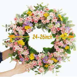 BINFEN Faux Silk Cherry Blossom Flower Spring Summer Easter Wreath 24-26" for Front Door – Pink Purple Yellow Plum Blossom Green Eucalyptus Leaves – Farmhouse Front Porch Decor, Outdoor Indoor Use