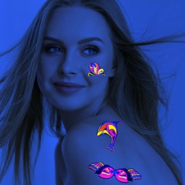 9 Large Sheets Neon Temporary Tattoos 110+Styles Shimmer Designs Glow in The Dark Fluorescence UV Tattoo Stickers Body Face Fake Waterproof Art Tattoos for Women Men, Festival Accessories Party Supplies