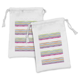 Ambesonne Striped Fabric Pouch Set of 2, Abstract Wavy Stripes Polkadots Ribbons Bows and Hearts Girly Patterned Artwork, Small Drawstring Bag for Toiletries Masks and Favors, 9" x 6", Multicolor
