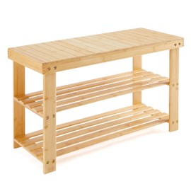 Simple Deluxe Shoe Rack Bench, 3-Tier Bamboo Storage Organizer, 286lb Capacity Entryway Bench for Front Door, Bedroom, Living Room, Bathroom, Balcony, Stylish Shoes (Wood-Bench)