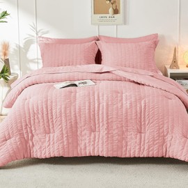 HYMOKEGE Seersucker Queen Comforter Set 3 Pieces, Lightweight Bedding Sets for All Seasons with 1 Soft Down Alternative Comforter and 2 Pillow Shams, Pink