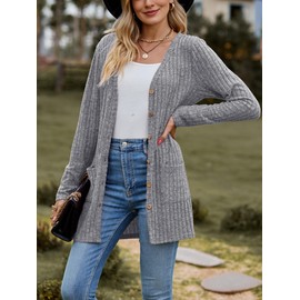 MYCOLORBLUE Old Times Cardigans for Women Elegant Ribbed Cardigan Long Sleeve Button Placket with Pockets Knitted Cardigan, gray