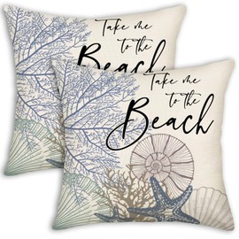 Asamour Take Me to The Beach Summer Throw Pillow Covers 18x18 Set of 2 Nautical Coastal Beach Themed Ocean Seashell Coral Starfish Linen Decorative Outdoor Cushion Case for Bedroom Living Room