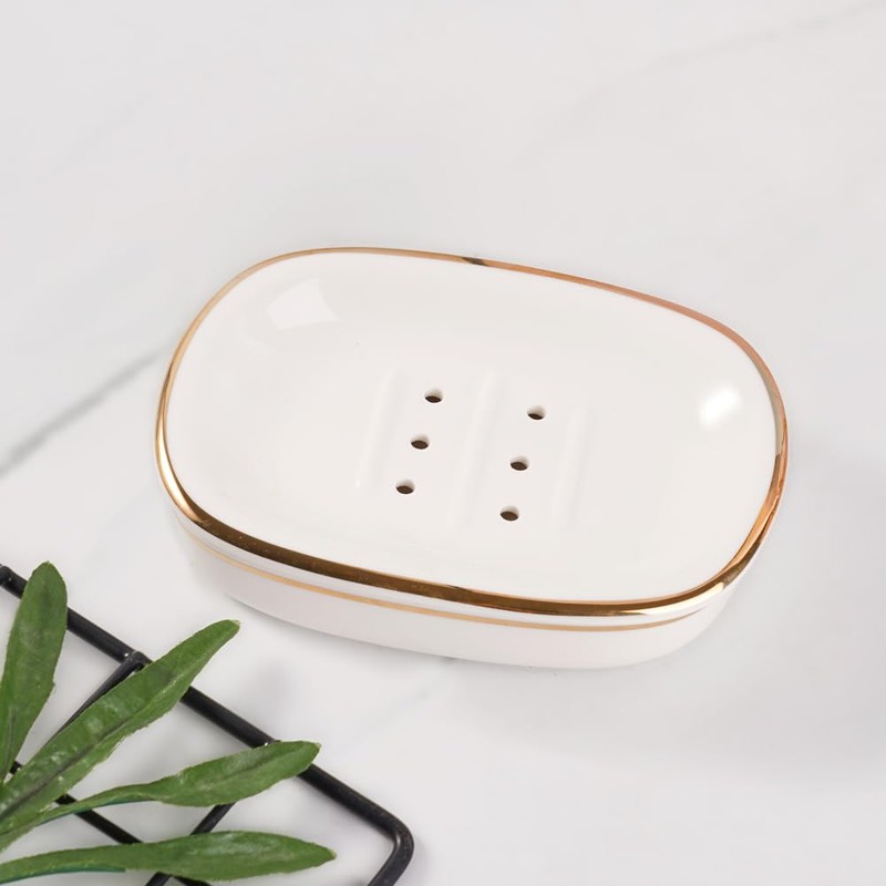 Self Draining Soap Dish, Double-Layer Bar Soap Tray, White Ceramic