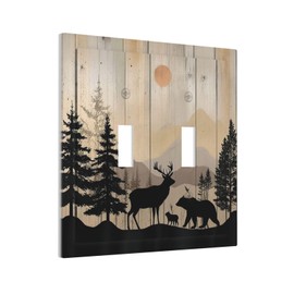 Naiqadnehz Decorative Switch Plates Wood Board Wildlife Cute Bear Deer Forest Rustic 2 Gang Double Toggle Outlet Light Switch Cover Wall Plate Electrical Faceplate for Bathroom Farmhouse Decor