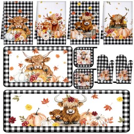 Fourluoo 10 Pcs Highland Cow Kitchen Dish Towels Rugs Oven Mitts and Pot Holders Set Farmhouse Kitchen Decor Set for Women Mom Daughter Gift Cooking Baking Grilling (Warm Color)