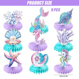 9Pcs Mermaid Party Decorations Supplies, Mermaid Centerpieces Tables, Mermaid Honeycomb Table Decorations Centrepiece For Girls Birthday Baby Shower Party Decor