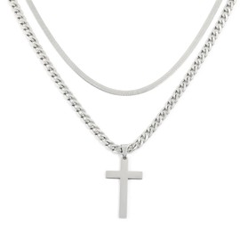 JUNVirtuous Cross Necklace for Men,Layered Cross Chains for Men Silver/Gold Stainless Steel Cuban Link and Snake Chain Necklace Set Jewelry Gifts for Men (18inch/20inch, Silver)