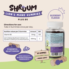 SHRUUM Focus: Lions Mane Gummies - 2000mg High Strength Lions Mane Supplement with B6 - Vegan, Sugar Free, Blueberry Flavour - 60 Tasty Gummies - 30 Day Supply - for Focus and Mental Clarity.