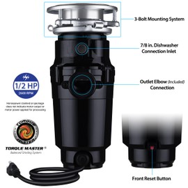 Waste Maid 10-US-WM-158-3B Garbage Disposal Anti-Jam Stainless Steel Food Waste Grinding System, 1/2 HP Standard, Black