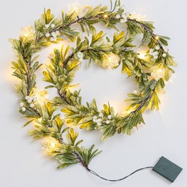 Ethlomoer 6.6FT Pre-lit Flocked Olive Christmas Garland with 20 LED Lights, Battery Operated, Lighted Garland with Snowflake Ornaments for Mantle Fireplace Stairs, Christmas Decorations