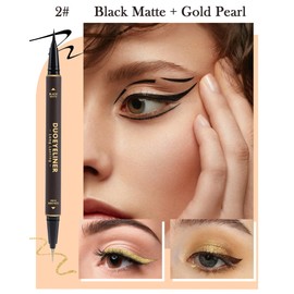 Gold Glitter Eyeliner & Black Matte Liquid Liner-Double Eyeliner Pen,Metallic Shimmer Sparkling Eye Liner Eyeshadow Makeup Pencil,High Pigmented Long Lasting Waterproof Smudgeproof Liner Pen for Women