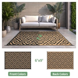 sarben Outdoor Rug for Patio - Waterproof Plastic Straw Camping Rugs 6x9 ft, Reversible Outdoor Indoor RV Mat Carpet for Patio, Porch, Deck, Balcony, Picnic, Beach, Black Brown