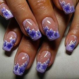 Flower Press on Nails Short Square False Nails Purple French Tip Fake Nails with Floral Designs Full Cover Stick on Nails Glossy Glue on Nails Spring Summer Acrylic Nails for Women Girls 24 Pcs