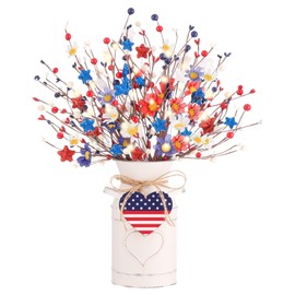 4th of July Decorations Red White and Blue Patriotic Decor with 5 Artificial Berry Stem, White Galvanized Vase, LED Light String, Heart Wood Card for Fourth of July Independence Day Memorial Day
