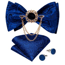 DiBanGu - Juego de gemelos cuadrados de corbata de lazo floral con alfiler de solapa, diseño formal, tela, pajarita, bolsillo, Azul Real, Talla única