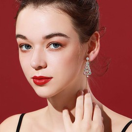 EVER FAITH Cubic Zirconia Merry Christmas Tree Pierced Dangle Earrings for Women Multicolor Silver-Tone