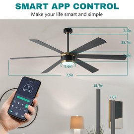 SHOWDI Ceiling Fan with Lights and Remote, 6 Blade App Control Timer Reversible Stepless Brightness and Color Temperature Outdoor Wood Ceiling Fan with Lights (Black-Gold, 72 Inch)