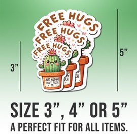 Cactus Stickers Funny Free Hugs Just Kidding Don't Touch Me Colors Vinyl Stickers, Weather-Resistant Sticker for Water Bottles, Laptop, Window, Car Size 4"