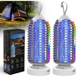 Bug Zapper Outdoor with Marquee Light, Auto On/Off Mosquito Zapper Indoor 4000mAh Battery Powered, IPX5 Waterproof 3000V Electric Fly Zapper for Patio Backyard Garden Home Camping - 2 Pack