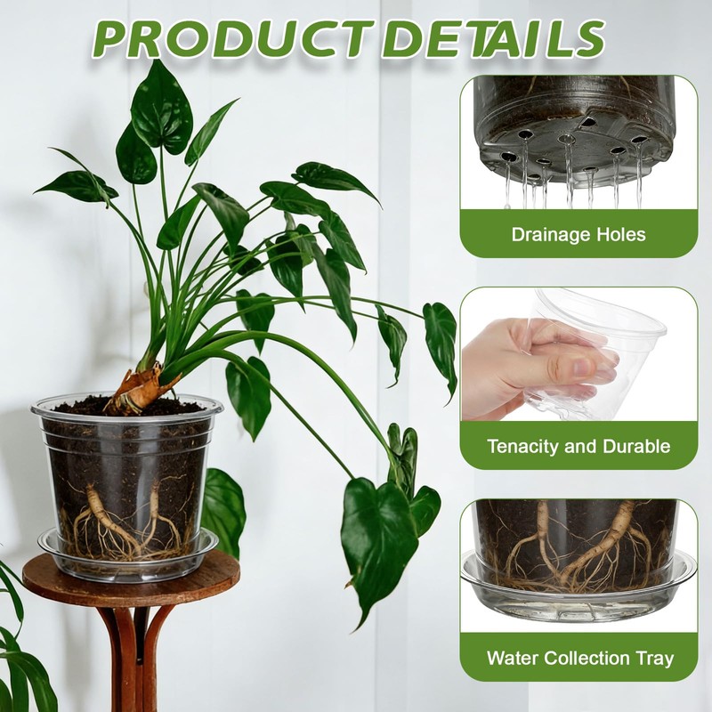 30Pcs Clear Plastic Nursery Pots with Drainage Holes and Saucers,