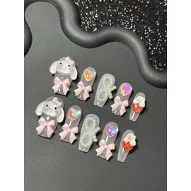 Handmade Press On Nails Long MouyouGlow, Ballerina Kawaii Pink 3D Cute Cinnamo Roll Heart Dog Bow Kitty Cartoon Y2K Coquette Resuable Fake Nails, Handmade Artificial Fingernails, 10 Pieces, M